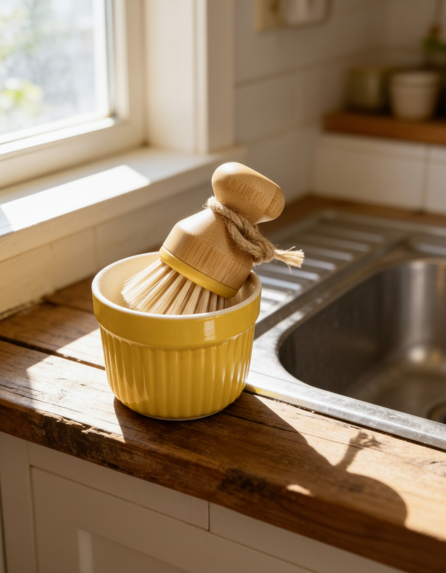 Organic Solid Dish Soap in Ramekin with Brush